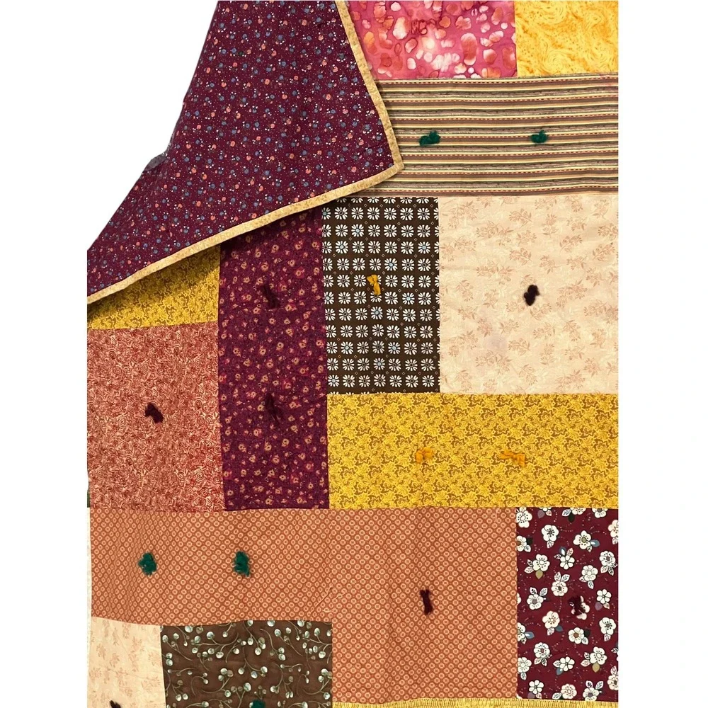 Handmade Full Size Quilt 70x84 Earth Tone Patchwork Tied Farmhouse Bedding
